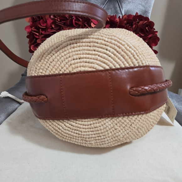 SEZANE  Woven Crochet Raffia & Leather Drawstring Crossbody Zelie Bucket Bag - Picture 7 of 11